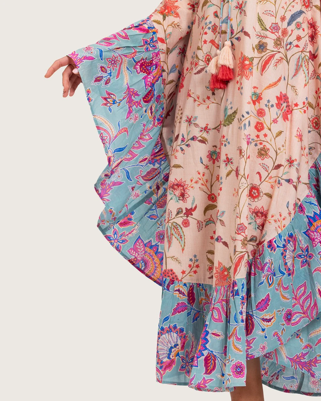 A flowy cotton kaftan with ruffle wide sleeves and mix print - Image 10