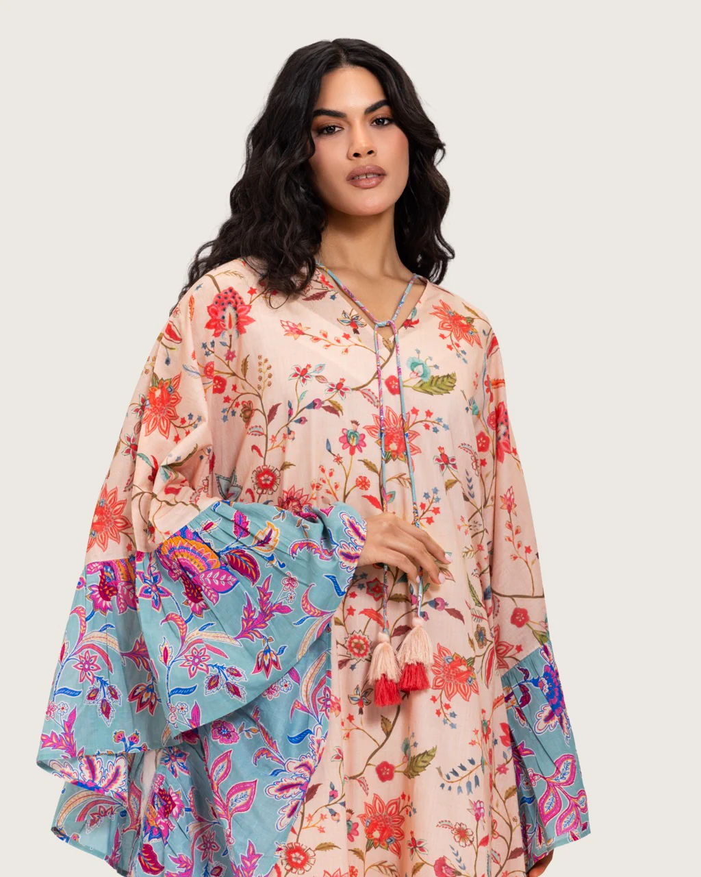 A flowy cotton kaftan with ruffle wide sleeves and mix print - Image 11