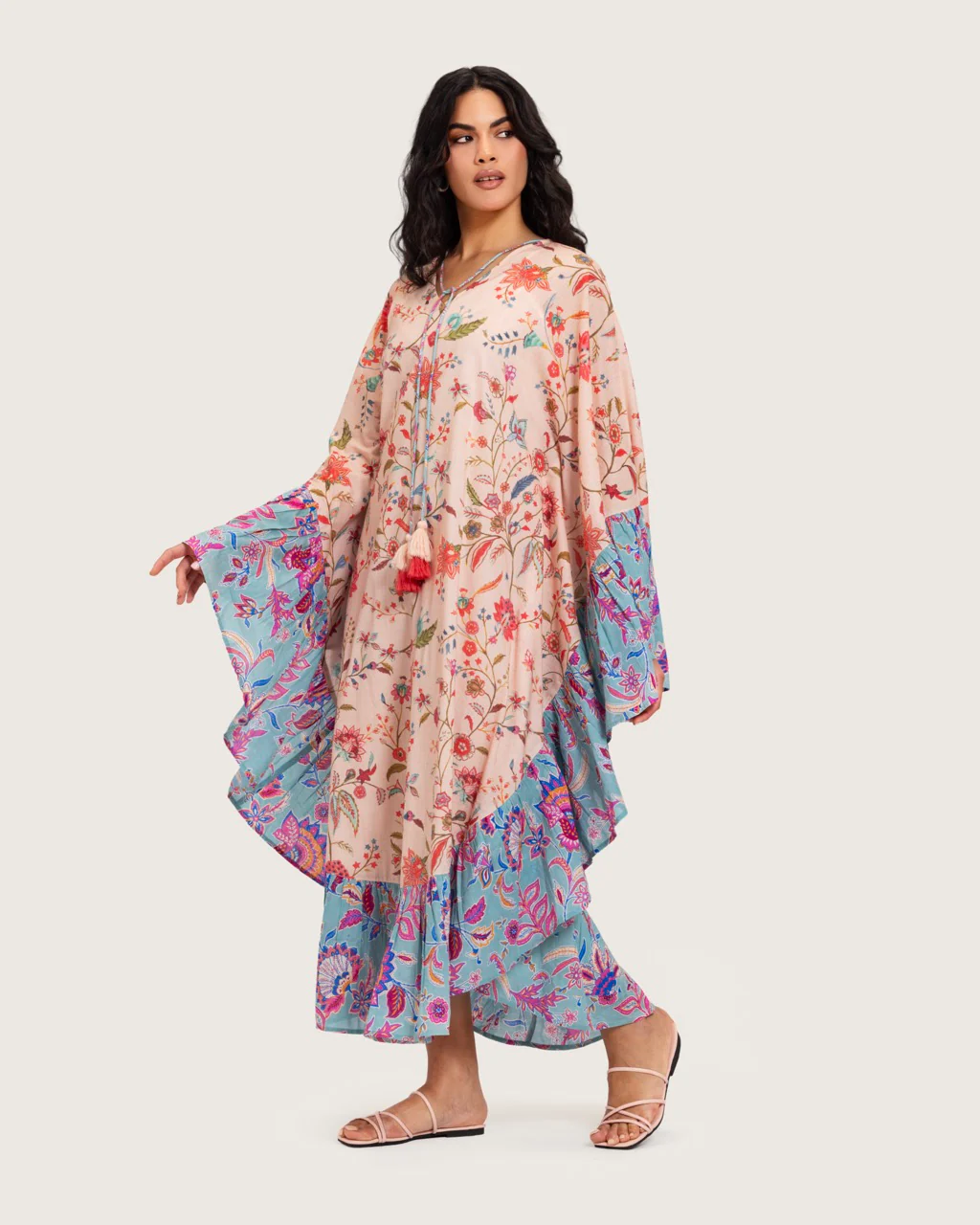A flowy cotton kaftan with ruffle wide sleeves and mix print - Image 2