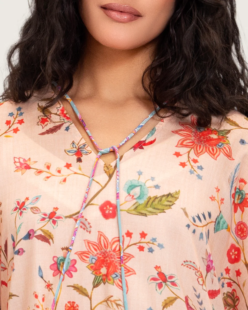 A flowy cotton kaftan with ruffle wide sleeves and mix print - Image 3