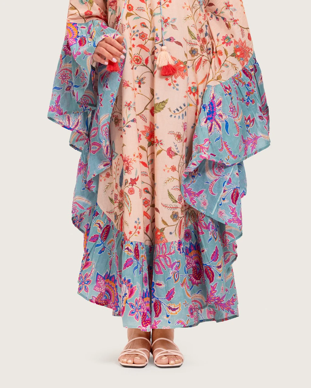 A flowy cotton kaftan with ruffle wide sleeves and mix print - Image 4