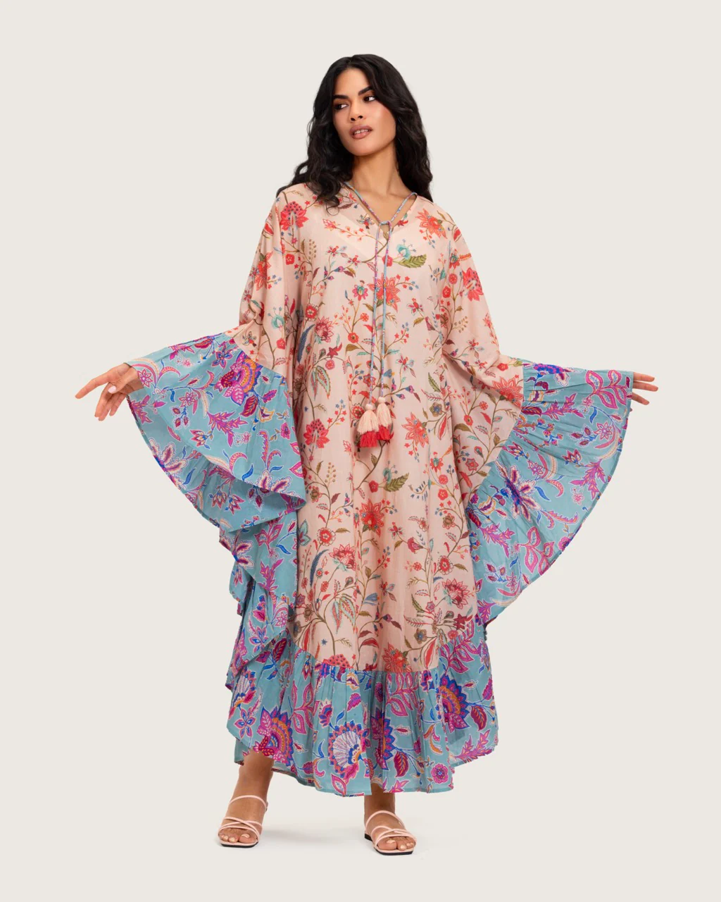 A flowy cotton kaftan with ruffle wide sleeves and mix print - Image 5