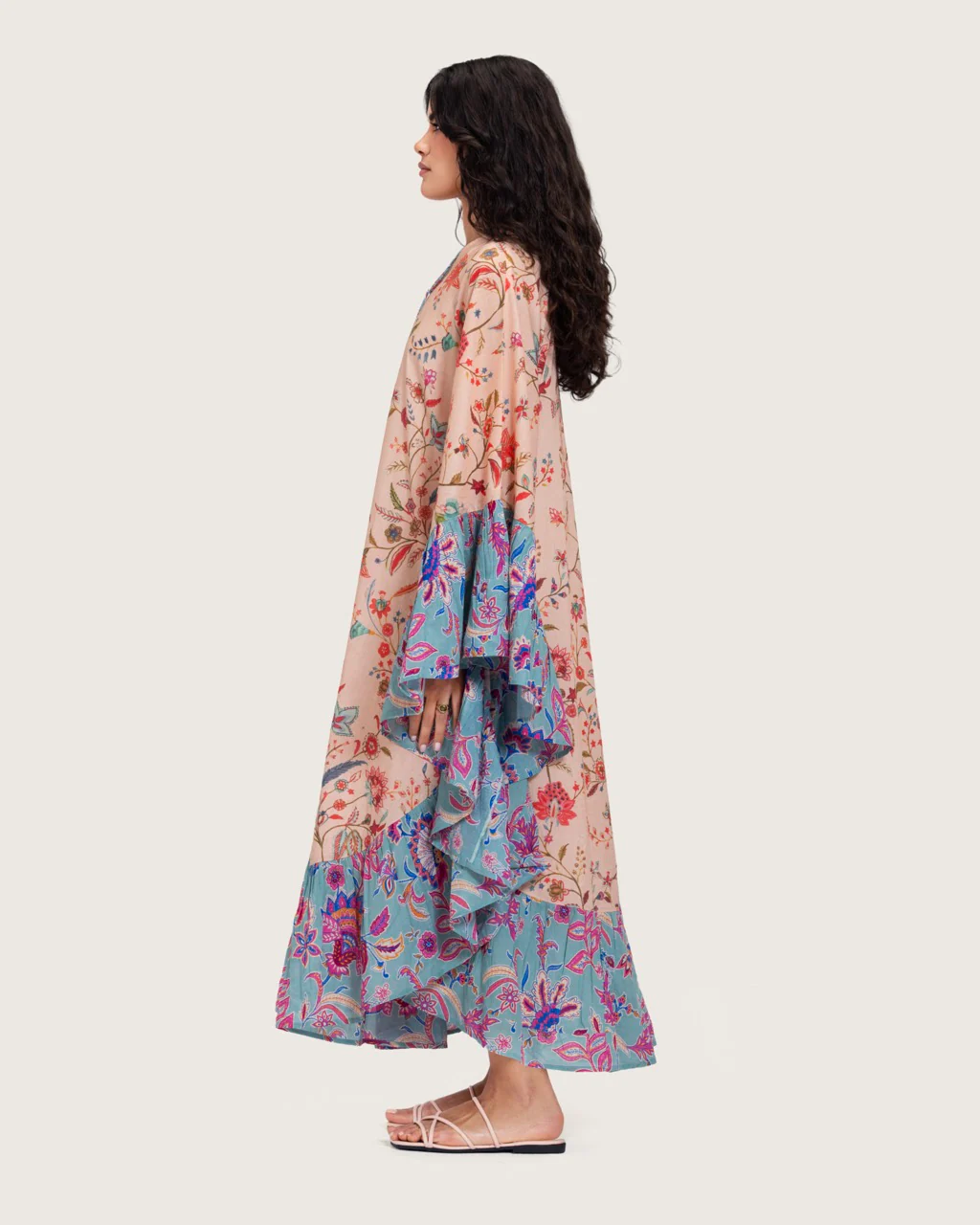 A flowy cotton kaftan with ruffle wide sleeves and mix print - Image 6