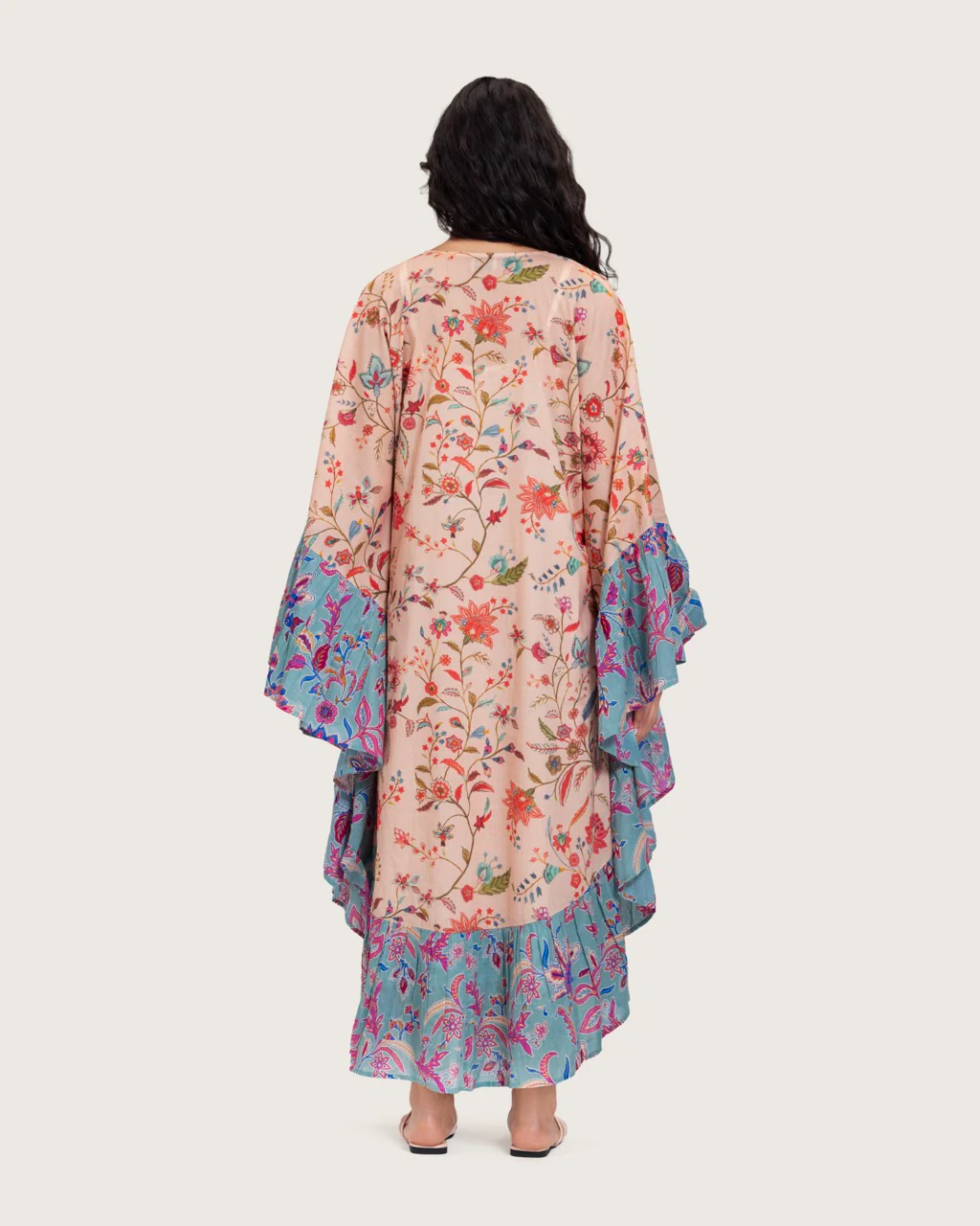 A flowy cotton kaftan with ruffle wide sleeves and mix print - Image 8