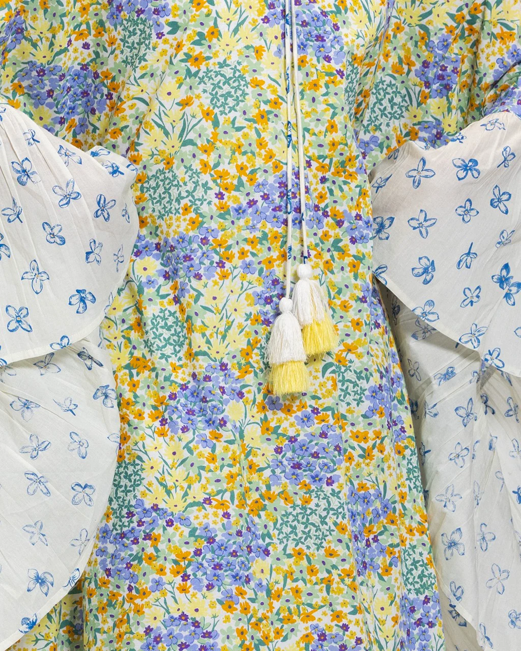 A flowy cotton kaftan with ruffle wide sleeves and pastel print - Image 10