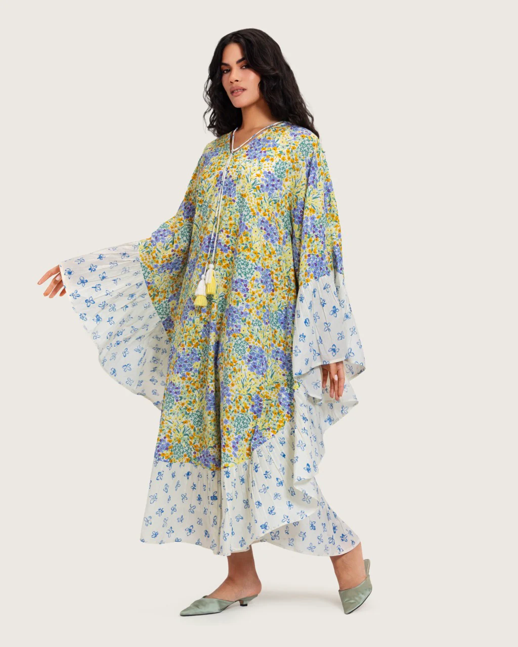 A flowy cotton kaftan with ruffle wide sleeves and pastel print - Image 11