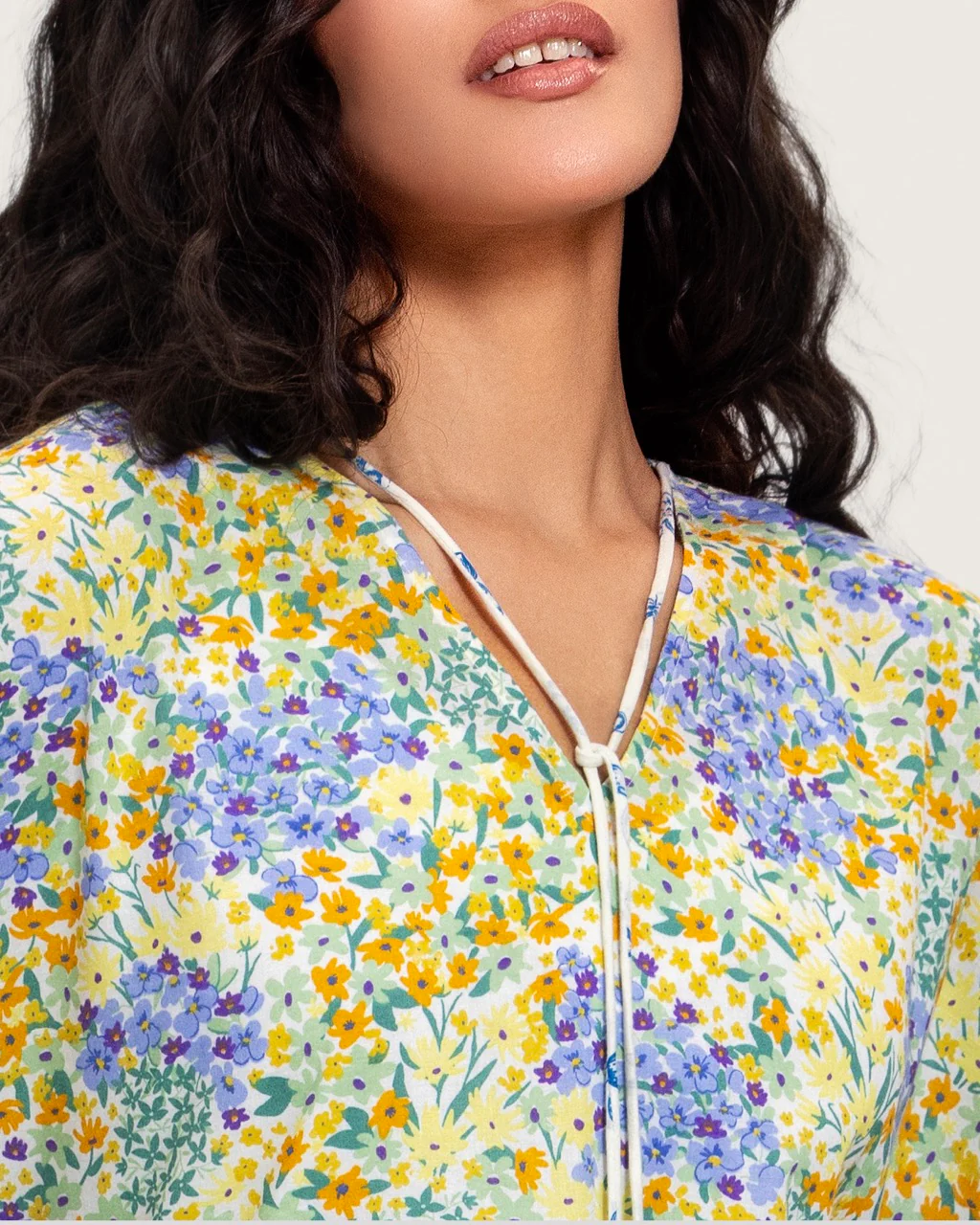 A flowy cotton kaftan with ruffle wide sleeves and pastel print - Image 2