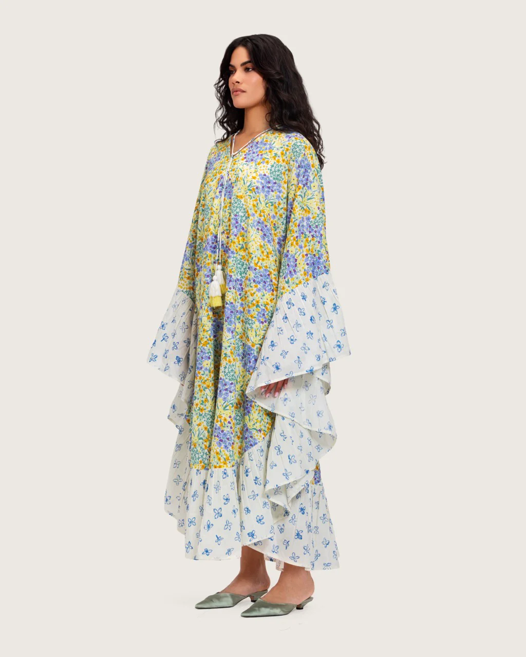 A flowy cotton kaftan with ruffle wide sleeves and pastel print - Image 3