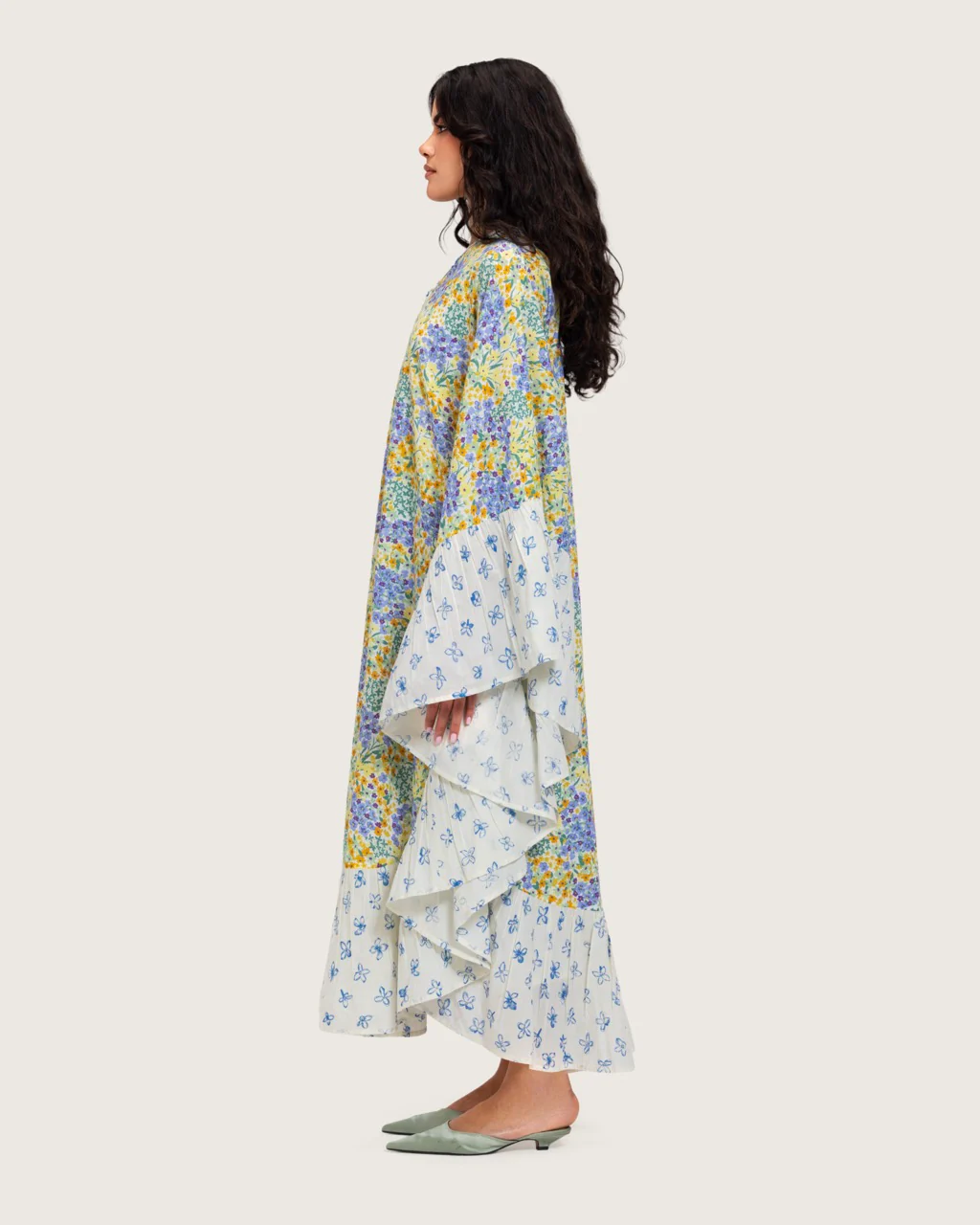 A flowy cotton kaftan with ruffle wide sleeves and pastel print - Image 5