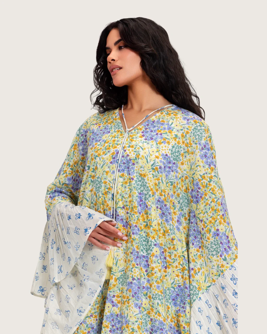 A flowy cotton kaftan with ruffle wide sleeves and pastel print - Image 9