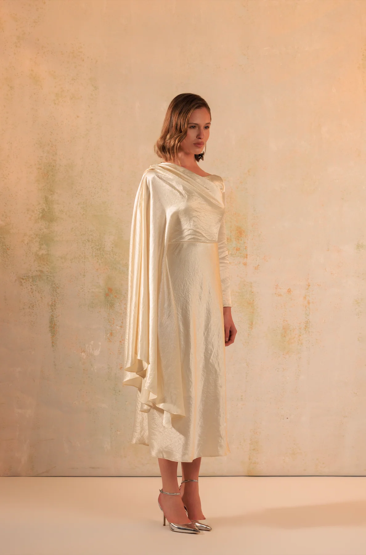 Cream Crinkled Satin Asymmetric Cape Sleeve Dress - Image 3