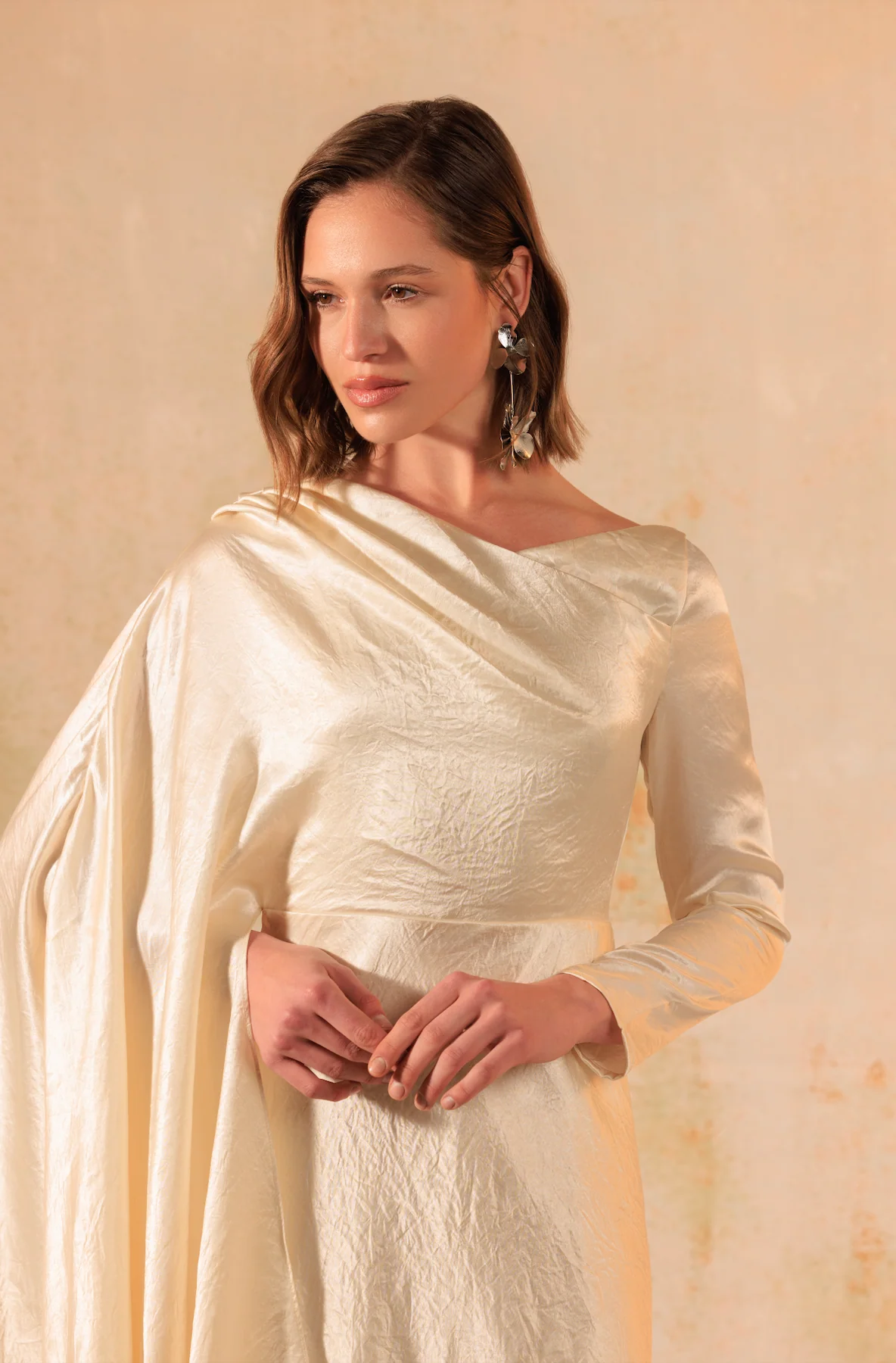 Cream Crinkled Satin Asymmetric Cape Sleeve Dress - Image 4