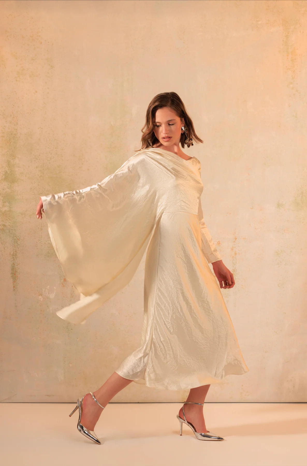 Cream Crinkled Satin Asymmetric Cape Sleeve Dress - Image 5