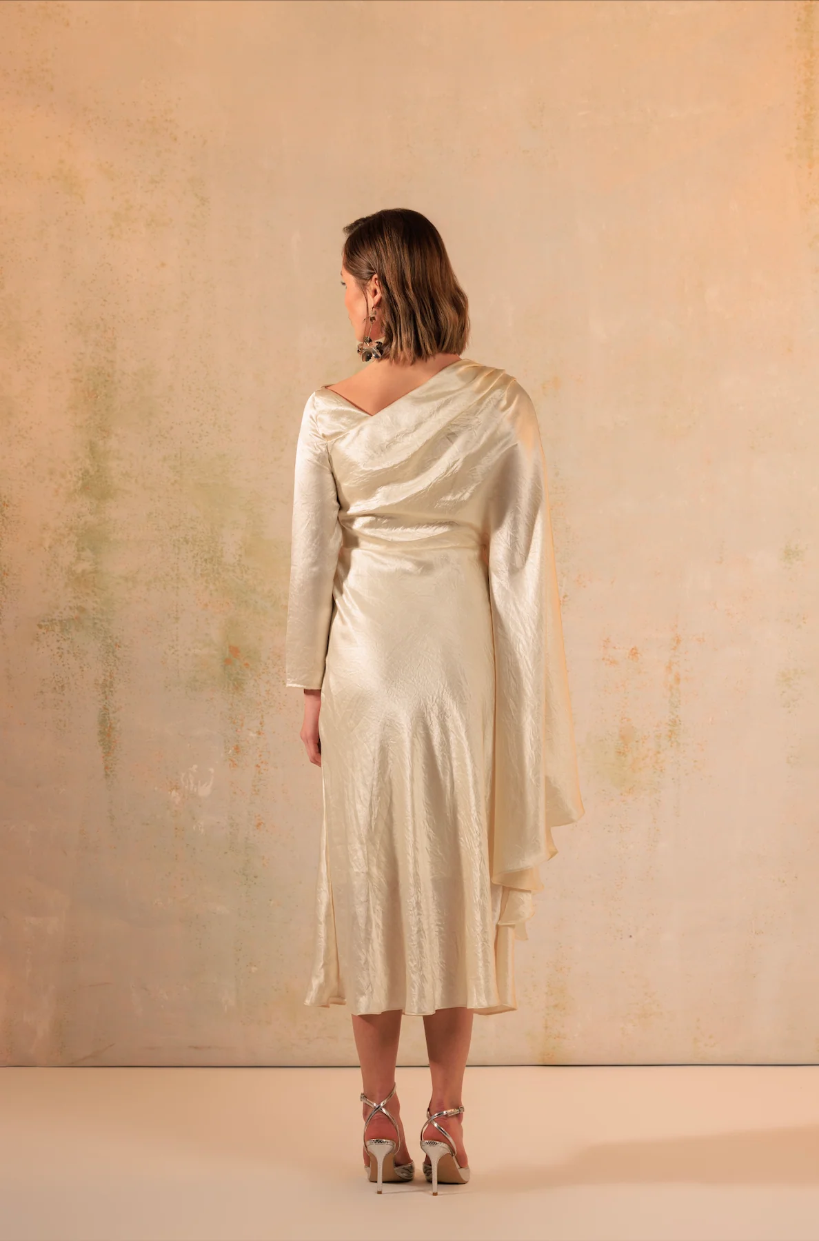 Cream Crinkled Satin Asymmetric Cape Sleeve Dress - Image 6