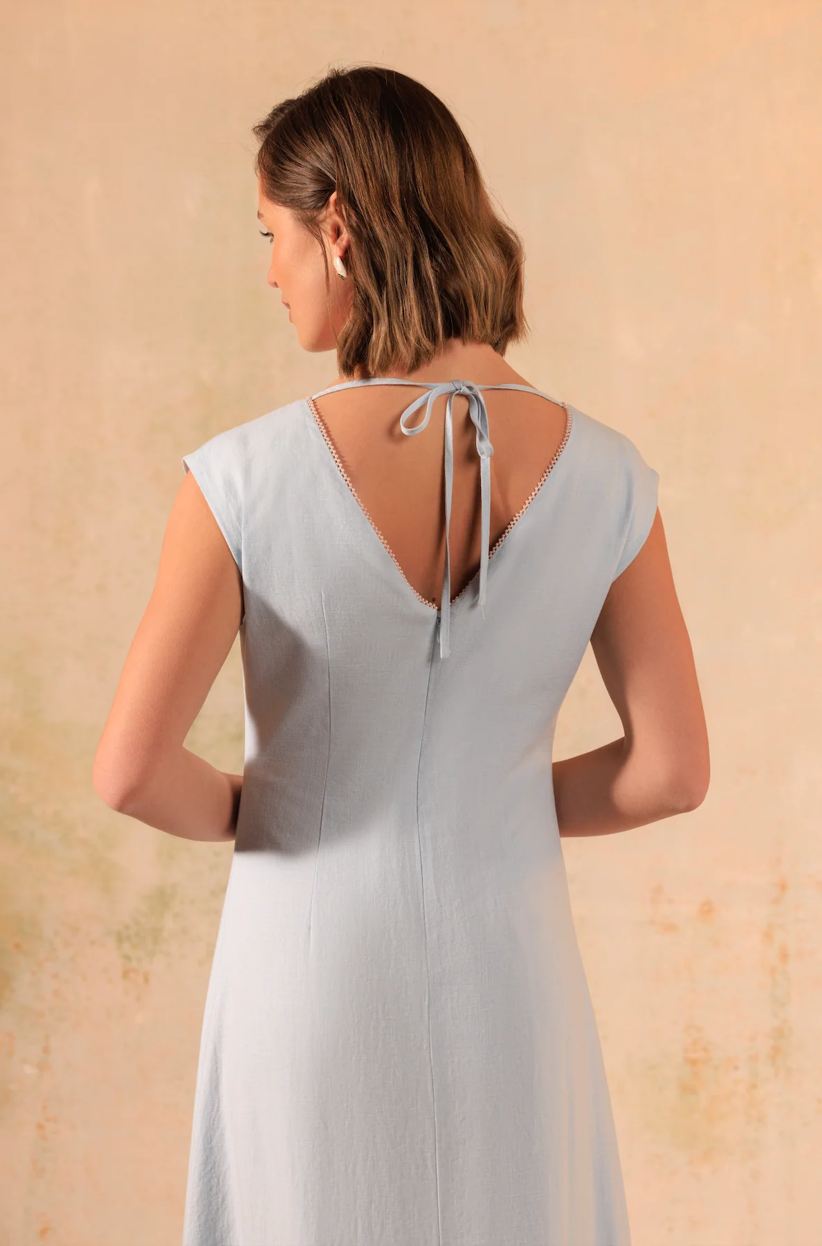 Baby Blue Linen Midi Dress with Floral Placement Print - Image 3