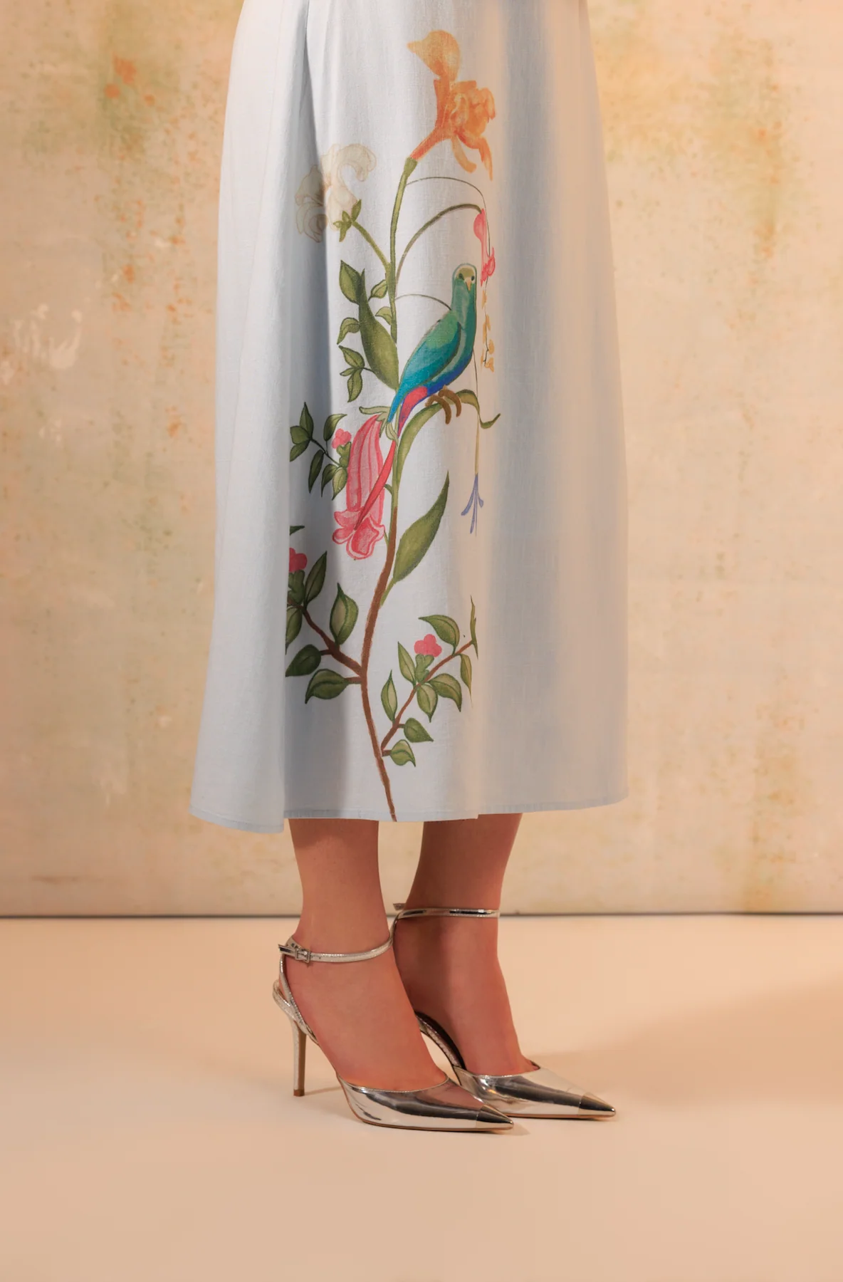 Baby Blue Linen Midi Dress with Floral Placement Print - Image 4