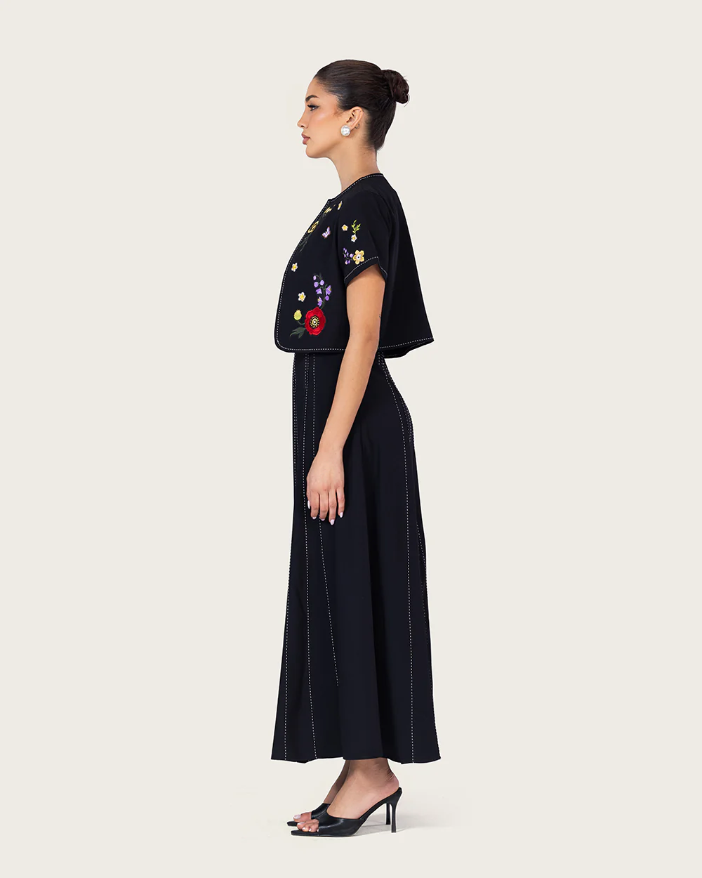 Black Embroidered Ankle Length Dress with Cropped Jacket - Image 11