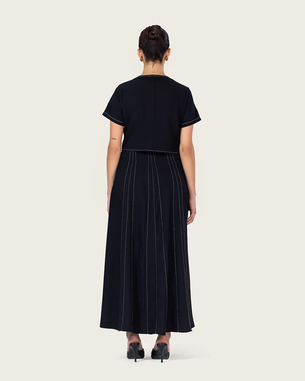 Black Embroidered Ankle Length Dress with Cropped Jacket - Image 12