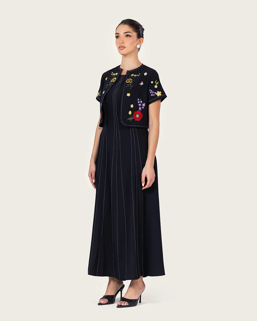 Black Embroidered Ankle Length Dress with Cropped Jacket - Image 13