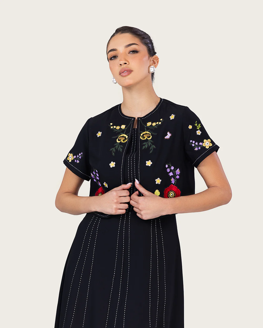Black Embroidered Ankle Length Dress with Cropped Jacket - Image 3