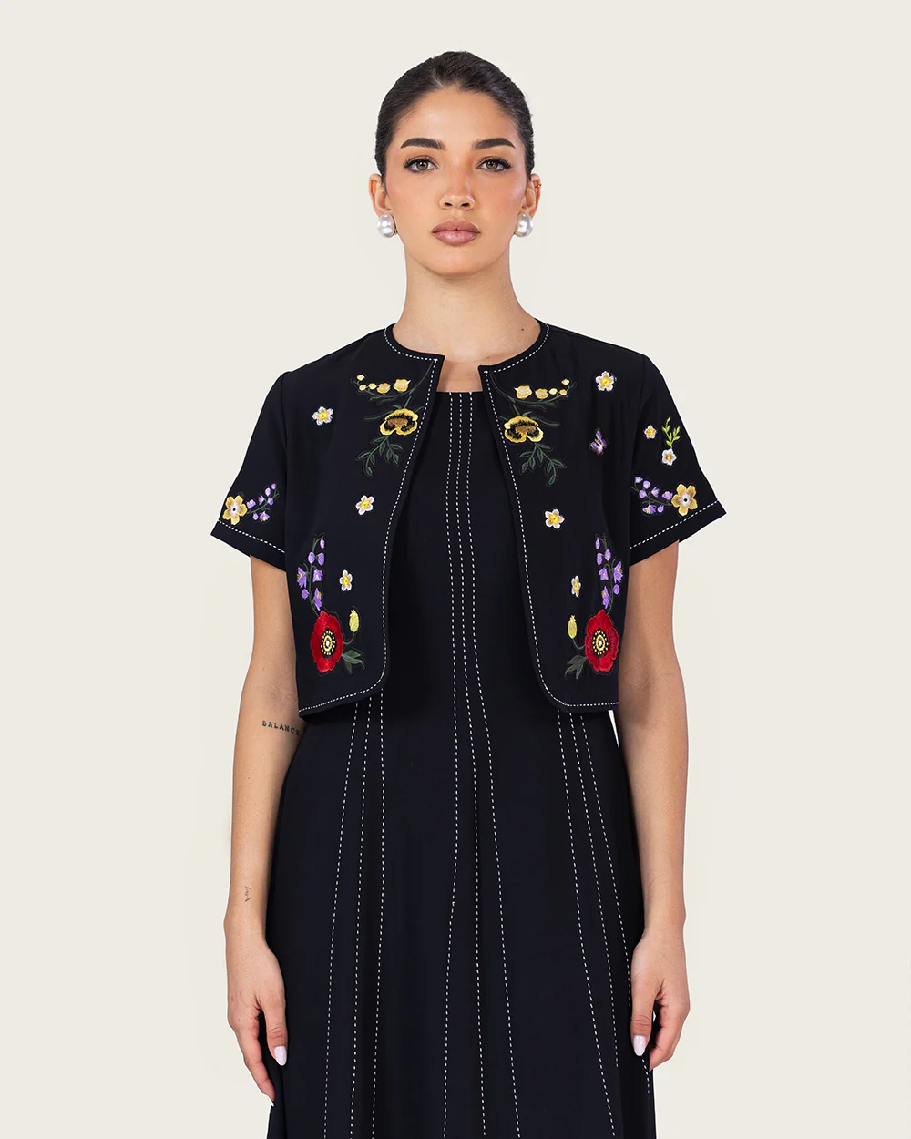 Black Embroidered Ankle Length Dress with Cropped Jacket - Image 4