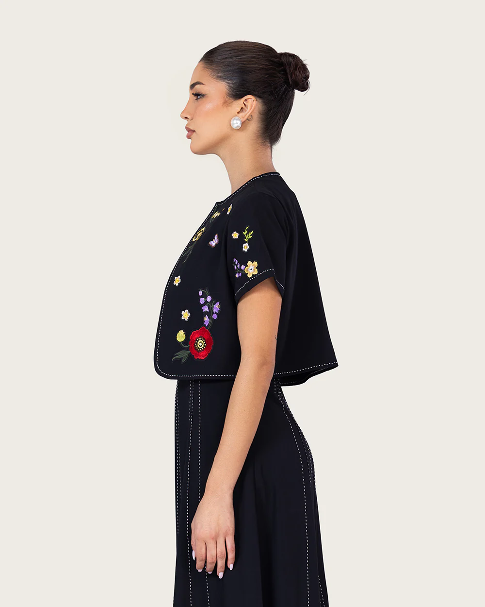 Black Embroidered Ankle Length Dress with Cropped Jacket - Image 5