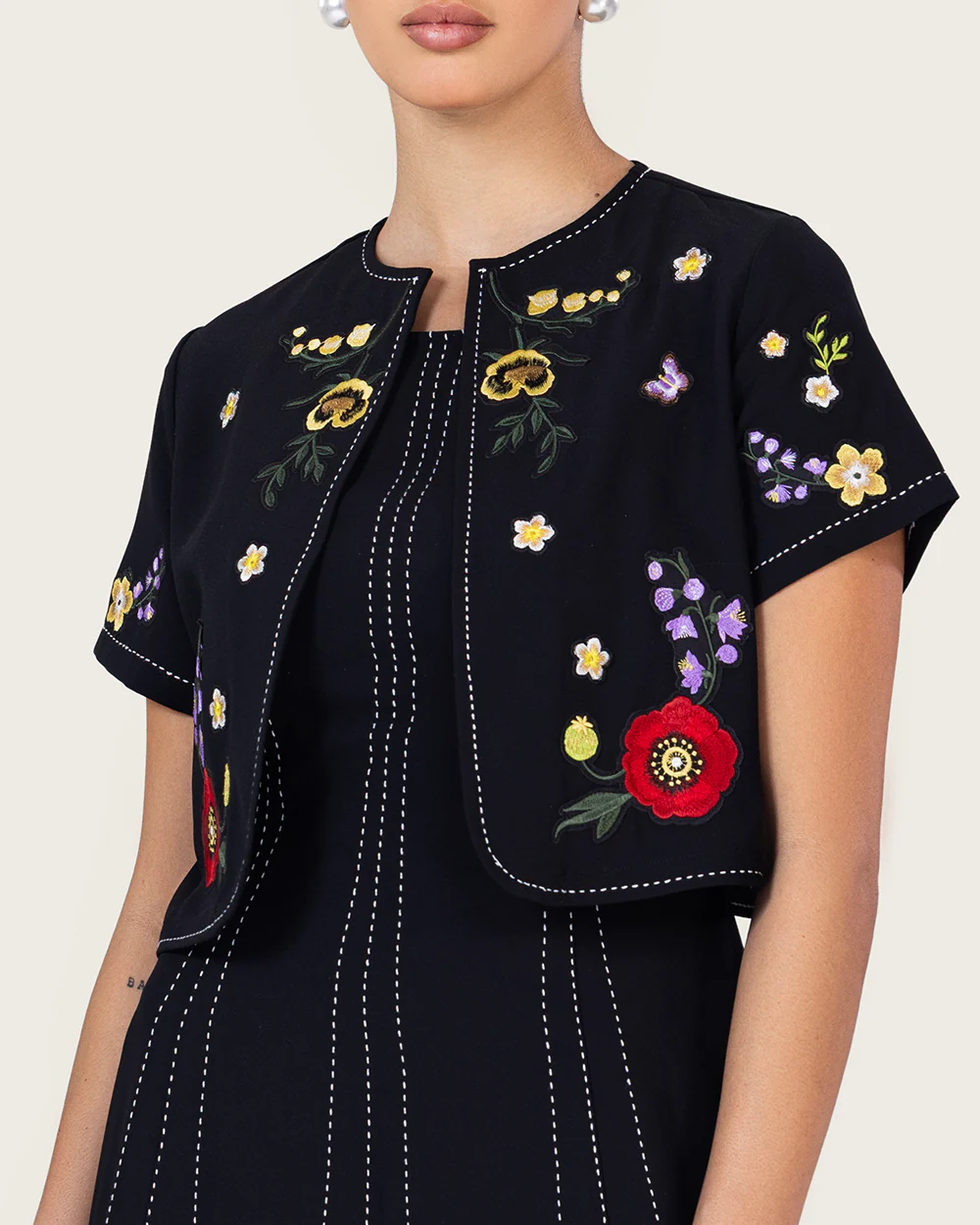 Black Embroidered Ankle Length Dress with Cropped Jacket - Image 6