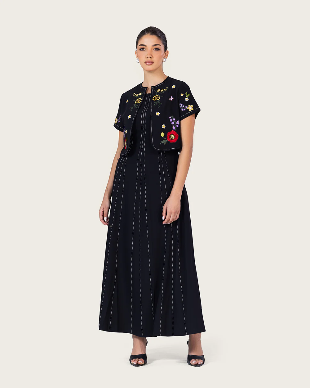 Black Embroidered Ankle Length Dress with Cropped Jacket - Image 7