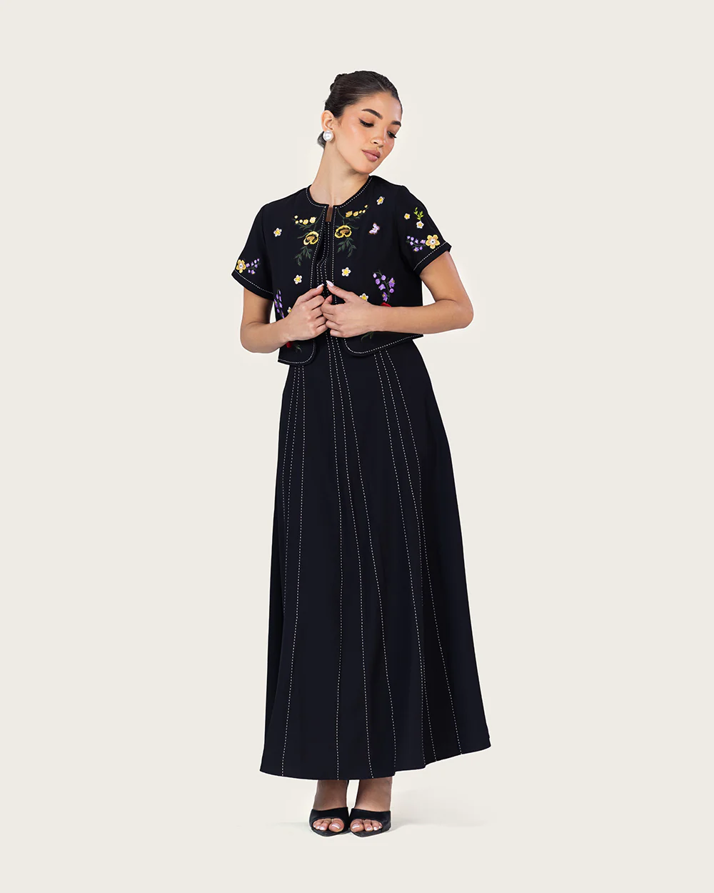 Black Embroidered Ankle Length Dress with Cropped Jacket - Image 8