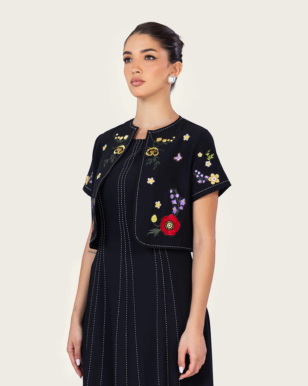 Black Embroidered Ankle Length Dress with Cropped Jacket - Image 9