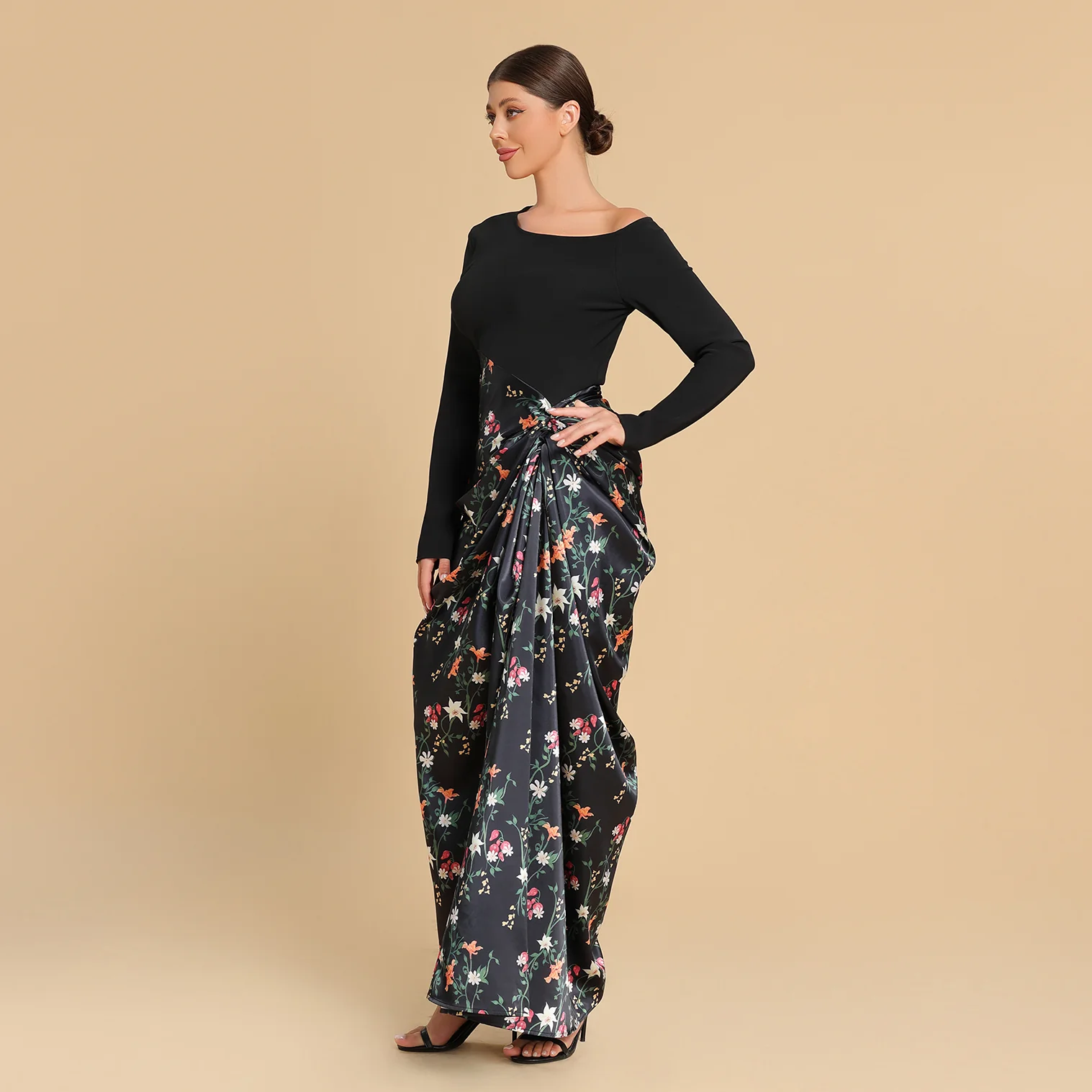 Black Floral Draped Skirt dress - Image 3