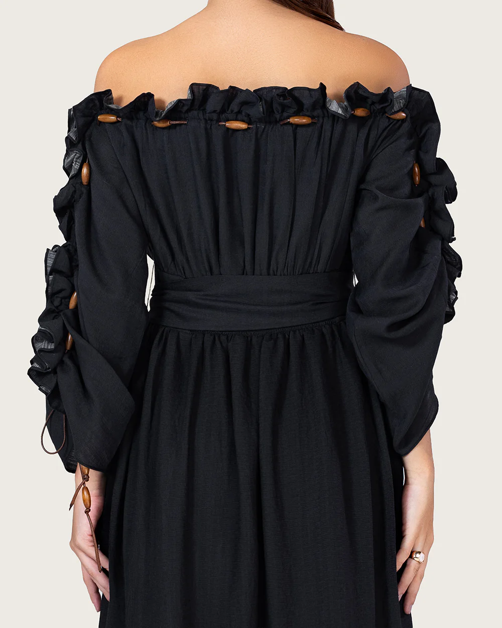 Black Floral Linen Blend Off-Shoulder Maxi Dress with Waist Tie - Image 10