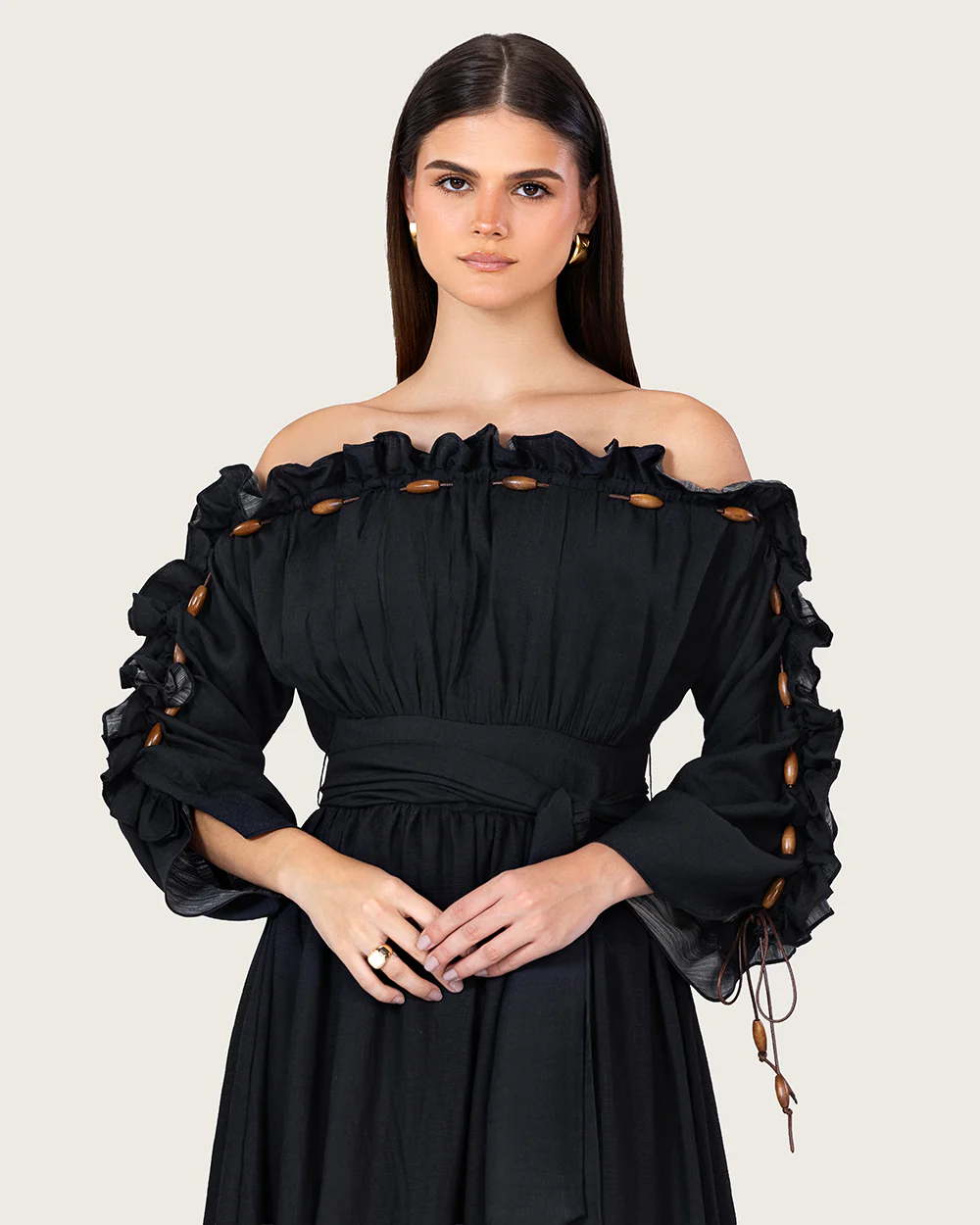 Black Floral Linen Blend Off-Shoulder Maxi Dress with Waist Tie - Image 11