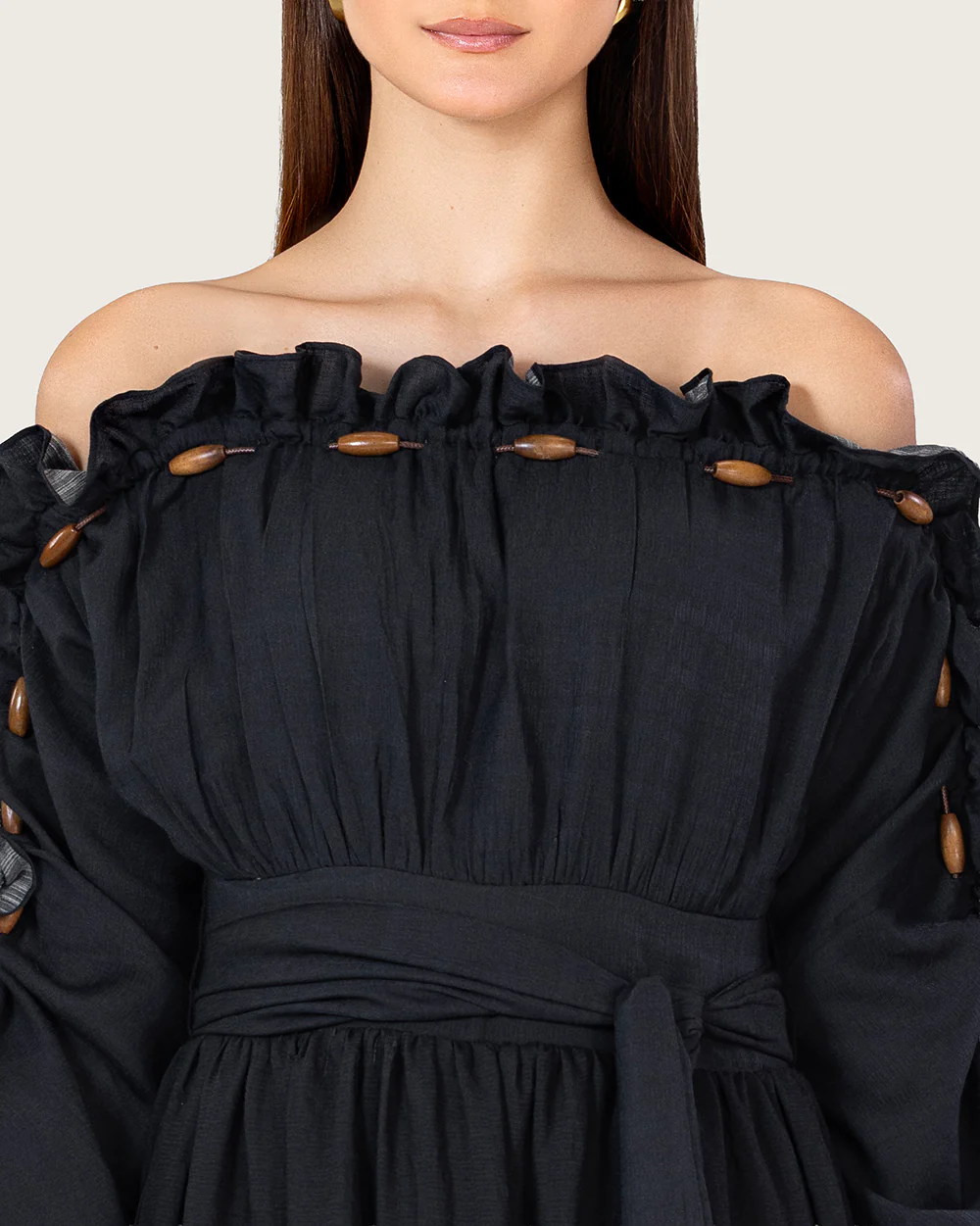 Black Floral Linen Blend Off-Shoulder Maxi Dress with Waist Tie - Image 2
