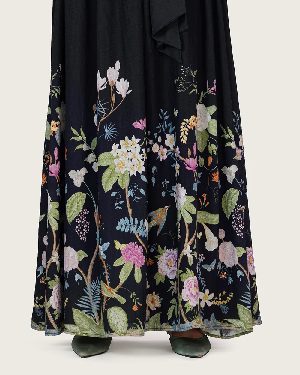 Black Floral Linen Blend Off-Shoulder Maxi Dress with Waist Tie - Image 3