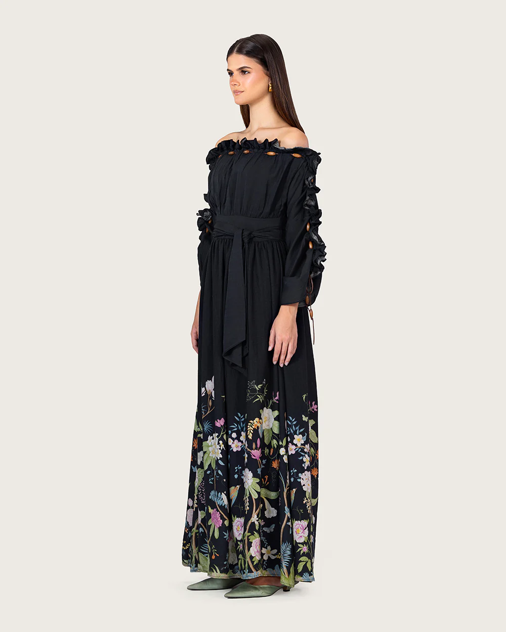 Black Floral Linen Blend Off-Shoulder Maxi Dress with Waist Tie - Image 4
