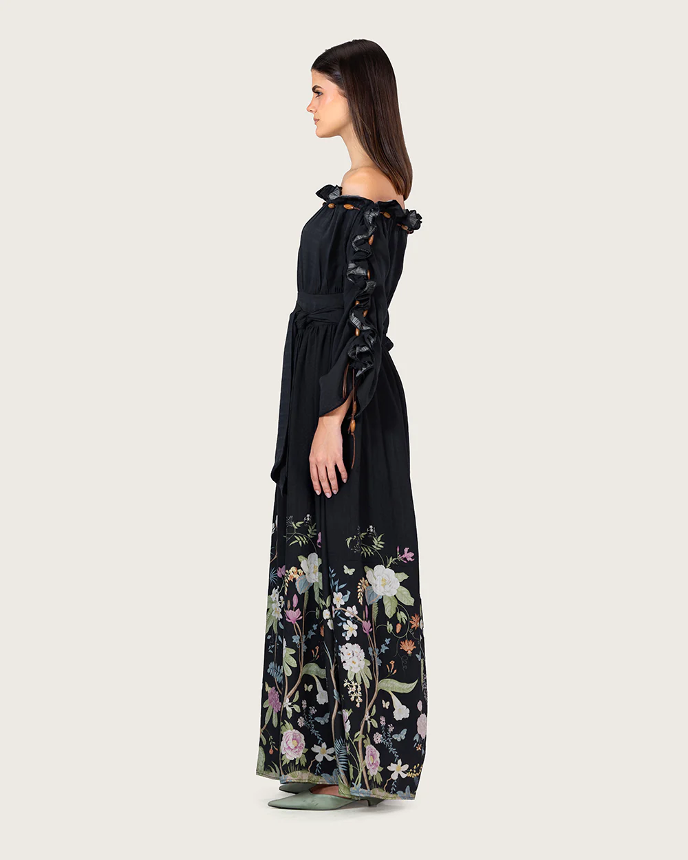 Black Floral Linen Blend Off-Shoulder Maxi Dress with Waist Tie - Image 5