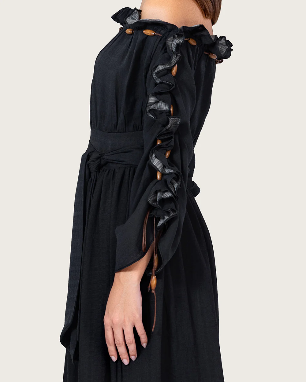 Black Floral Linen Blend Off-Shoulder Maxi Dress with Waist Tie - Image 6