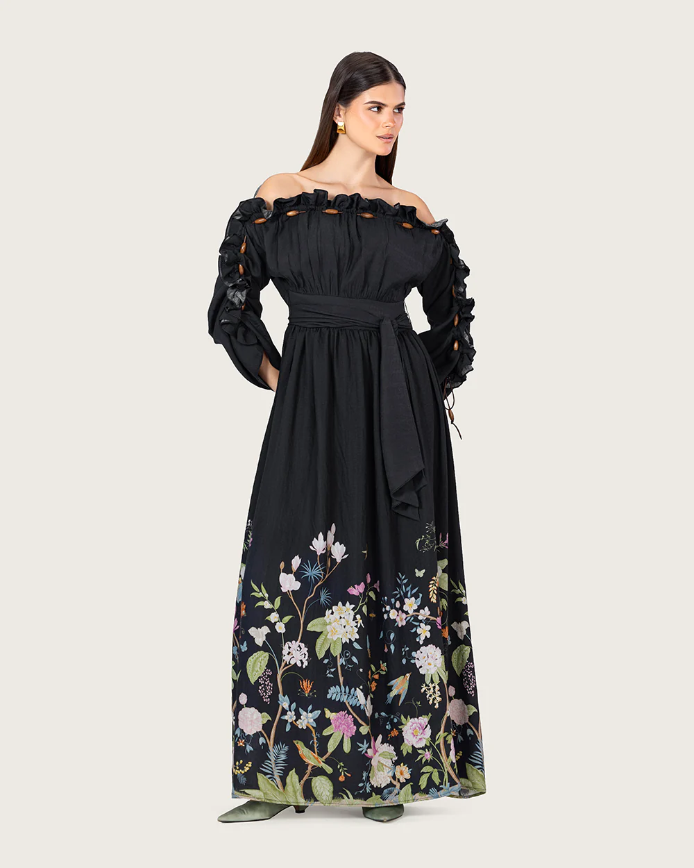 Black Floral Linen Blend Off-Shoulder Maxi Dress with Waist Tie - Image 7