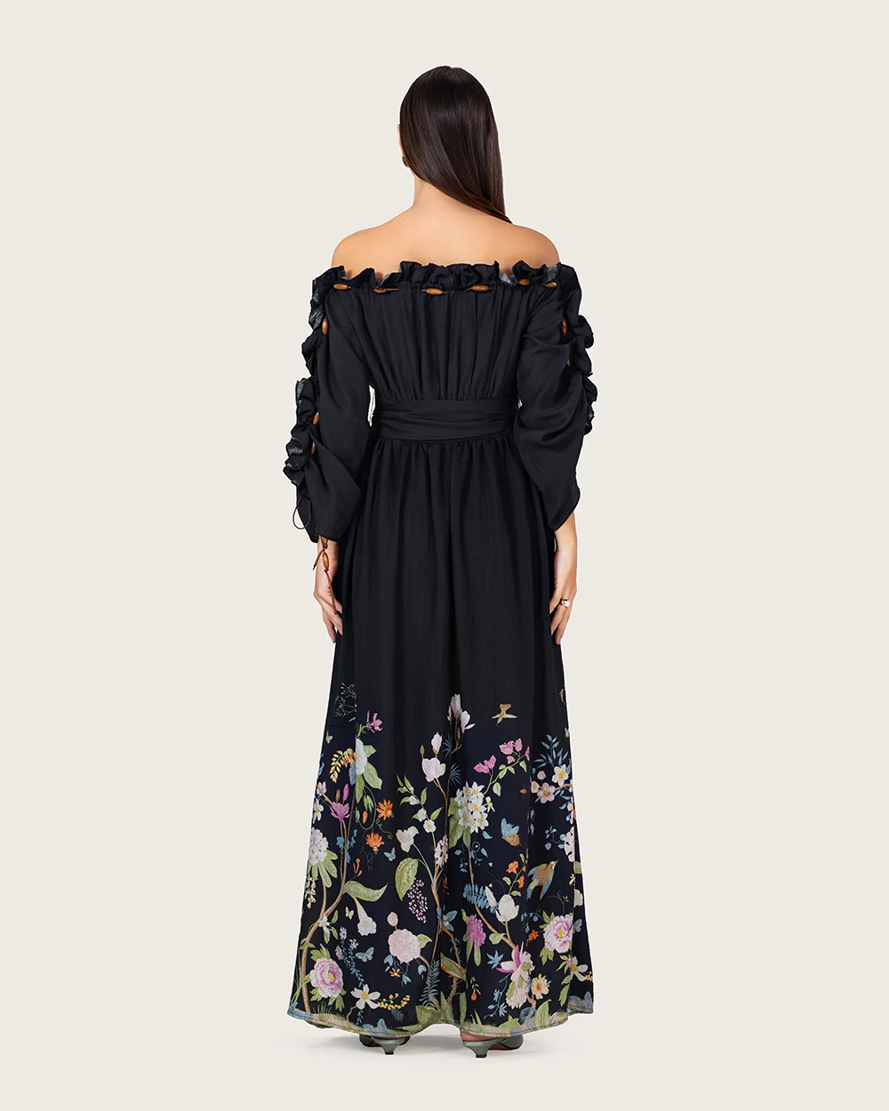 Black Floral Linen Blend Off-Shoulder Maxi Dress with Waist Tie - Image 8