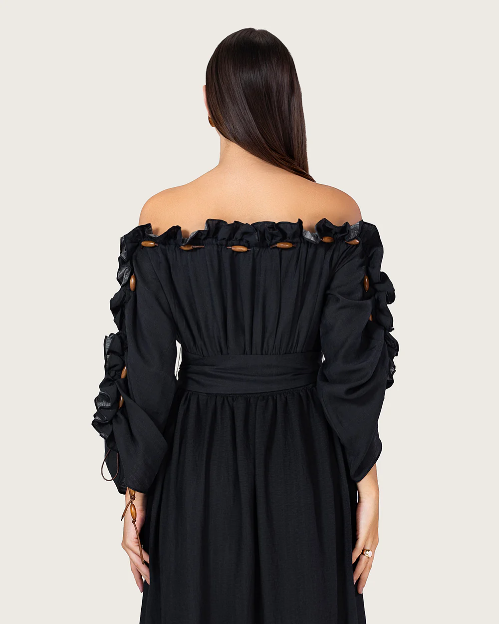 Black Floral Linen Blend Off-Shoulder Maxi Dress with Waist Tie - Image 9
