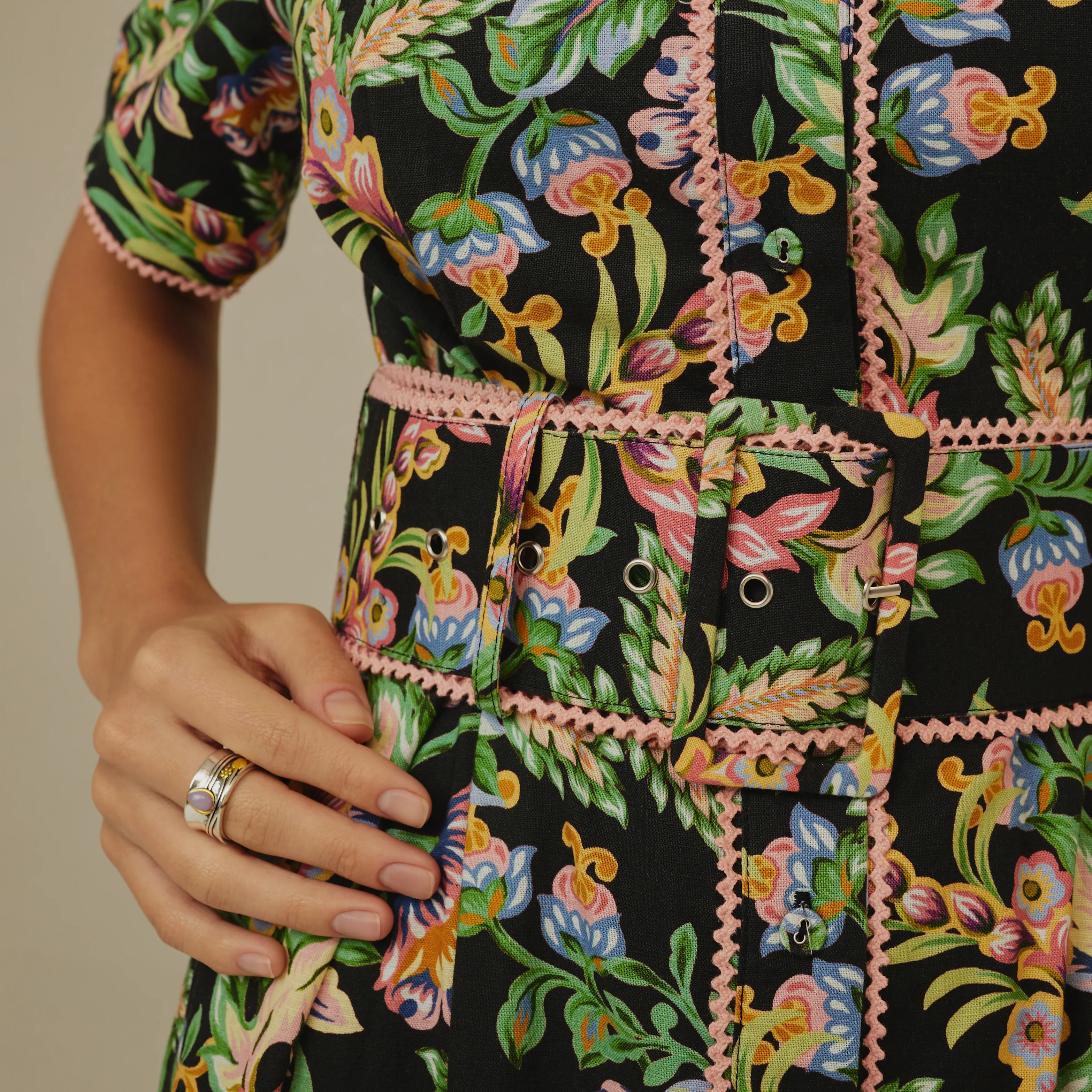 Black Floral  Linen Shirt  Dress - Image 3