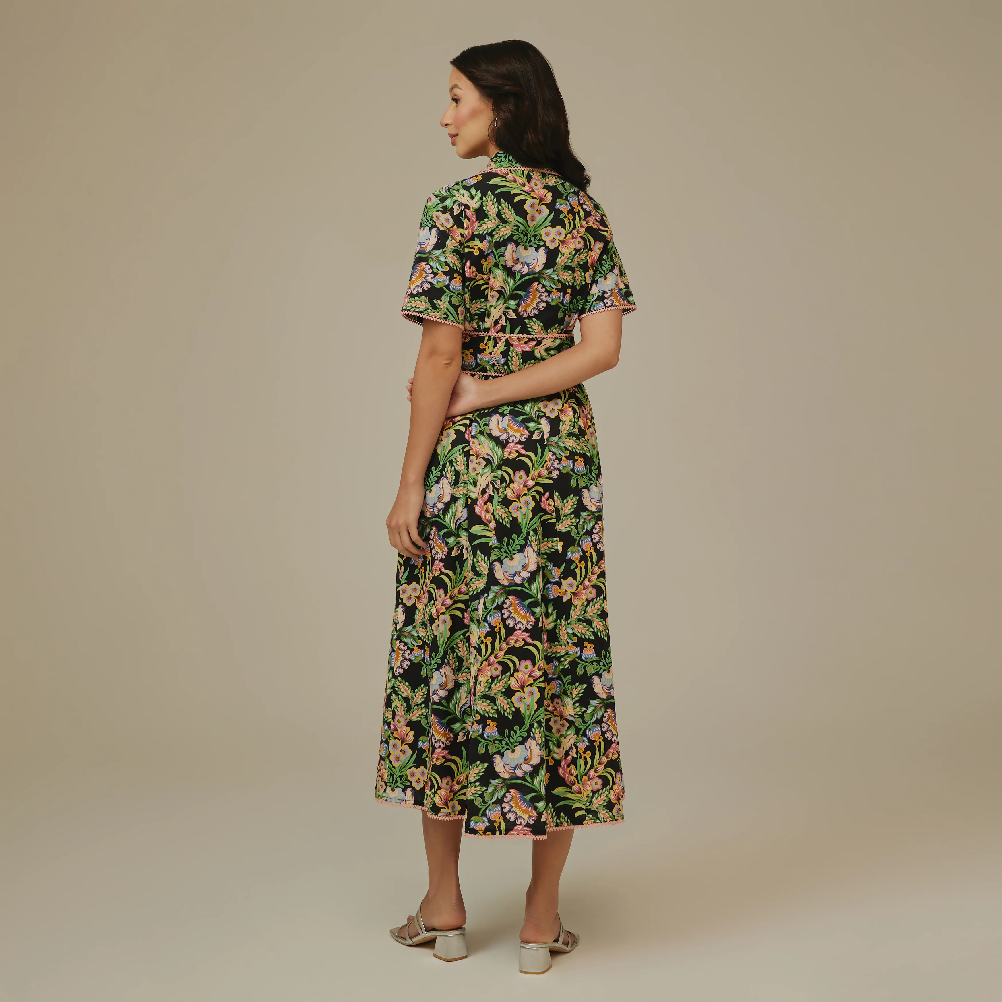 Black Floral  Linen Shirt  Dress - Image 4