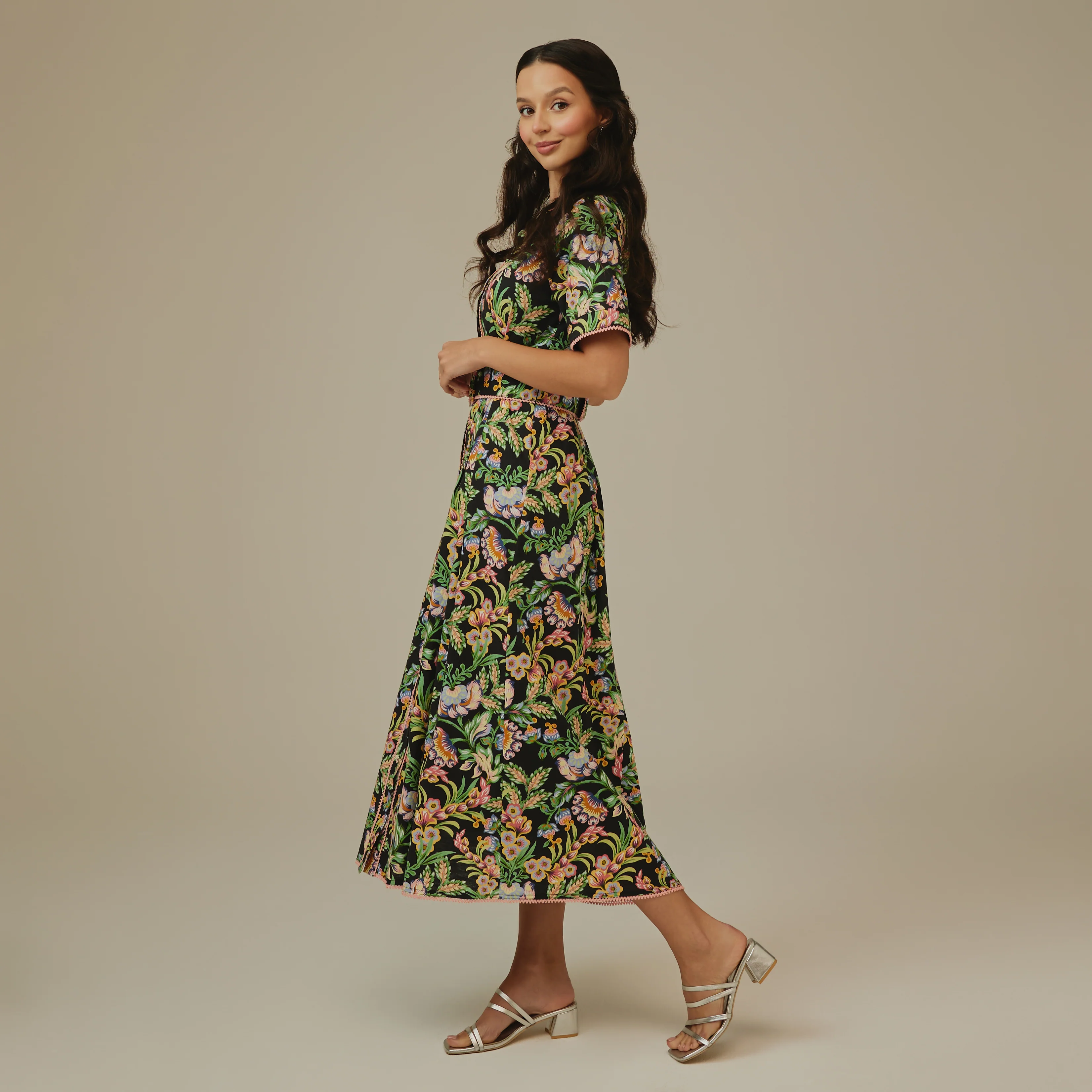 Black Floral  Linen Shirt  Dress - Image 5