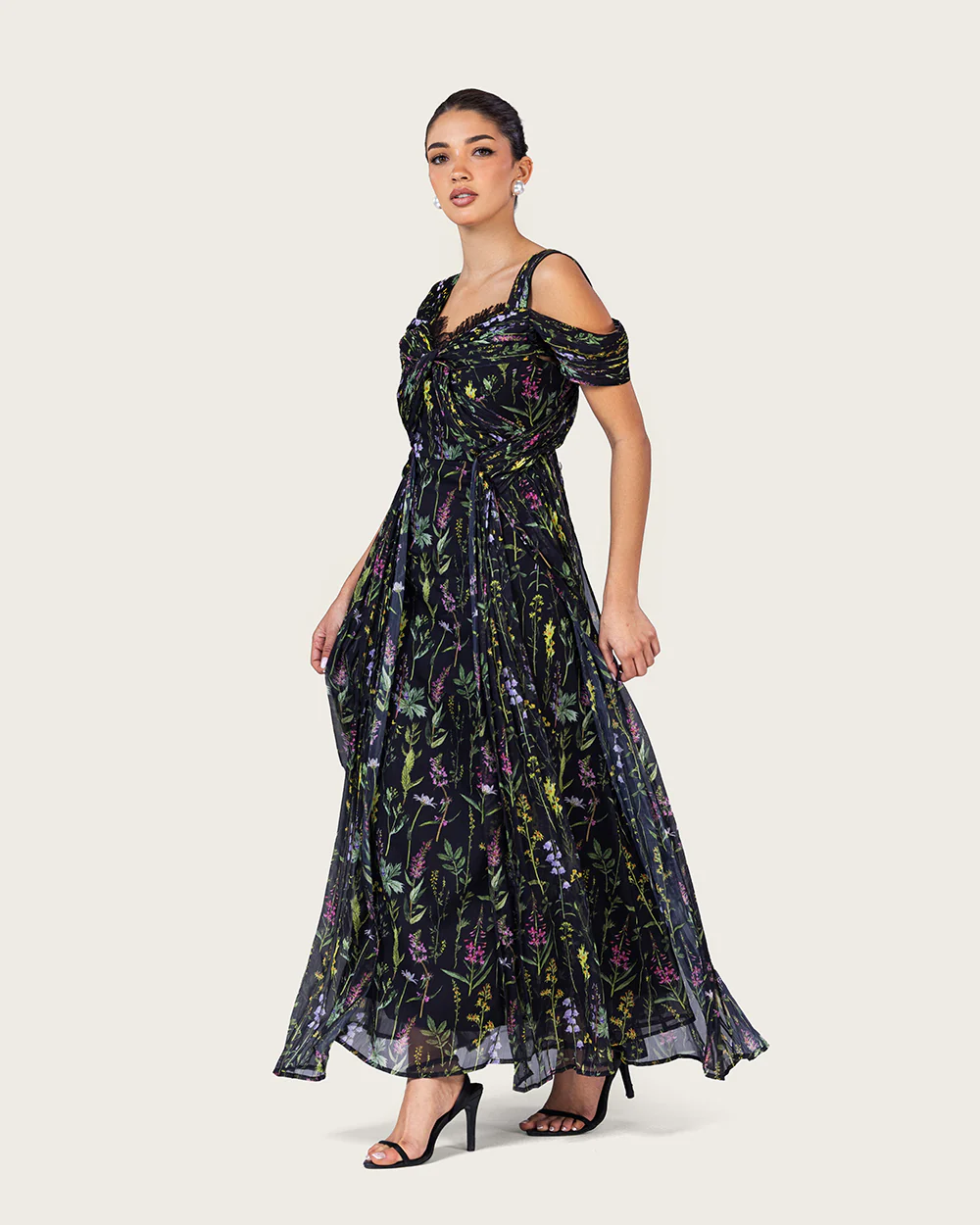 Black Floral Maxi Dress with Off-Shoulder Detail - Image 5