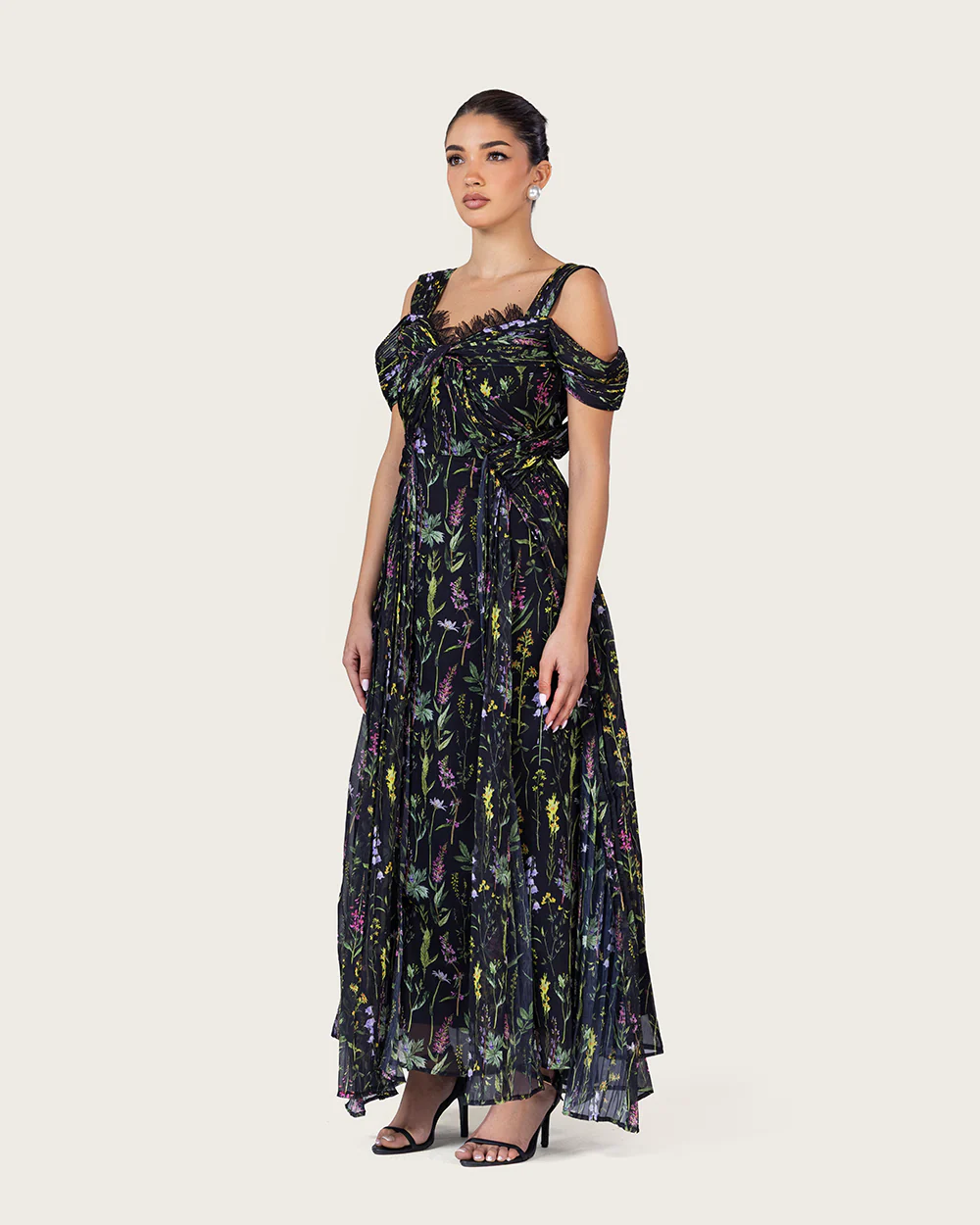 Black Floral Maxi Dress with Off-Shoulder Detail - Image 7