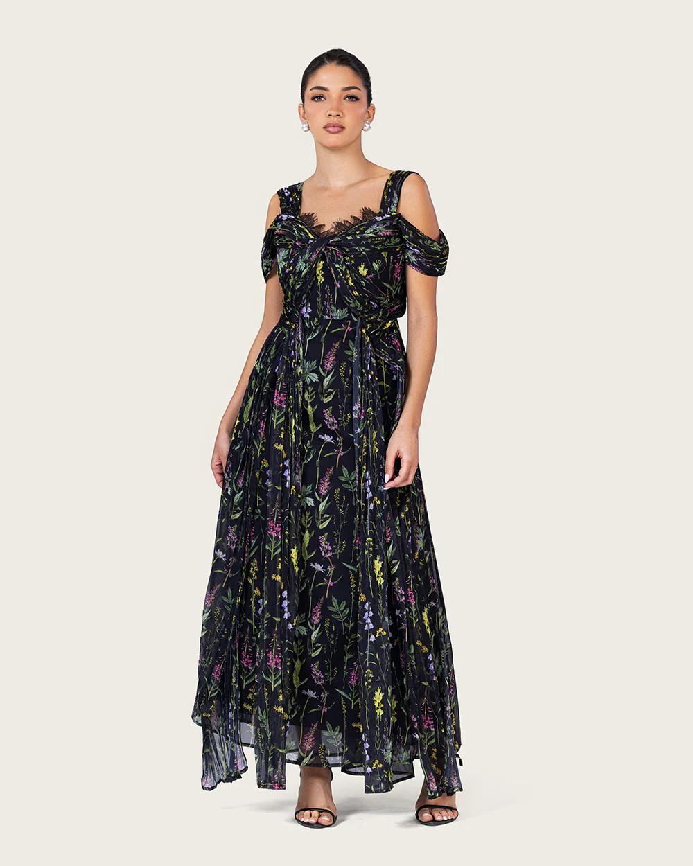 Black Floral Maxi Dress with Off-Shoulder Detail - Image 9