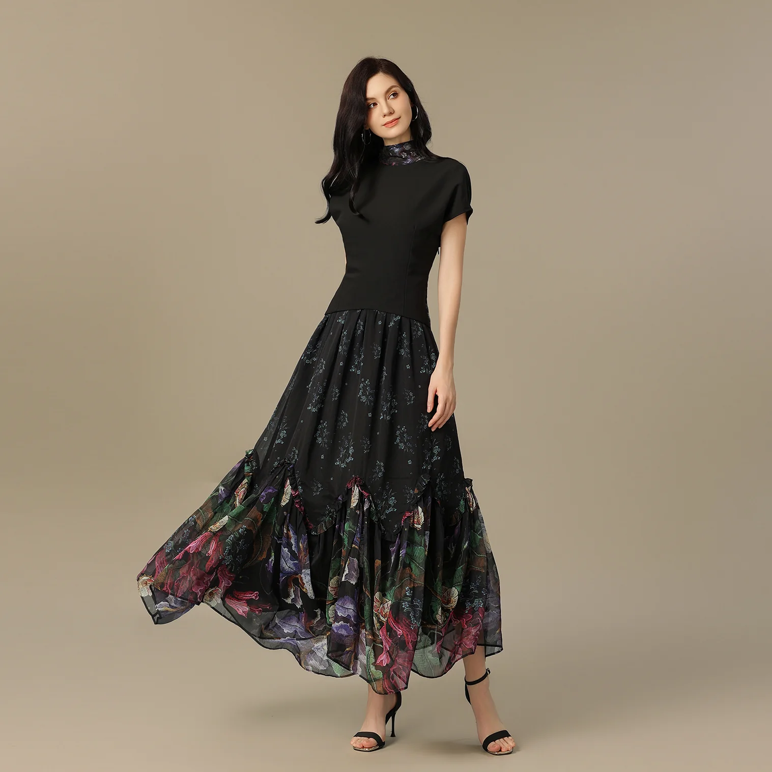 Black Maxi Crepe Dress with Floral Chiffon Skirt and Back Scarf - Image 2