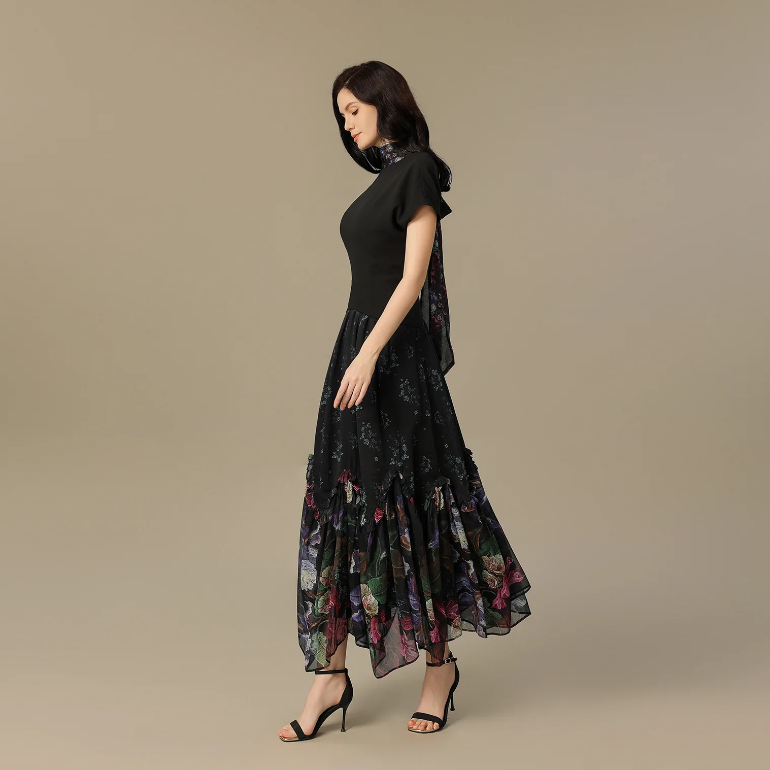 Black Maxi Crepe Dress with Floral Chiffon Skirt and Back Scarf - Image 3