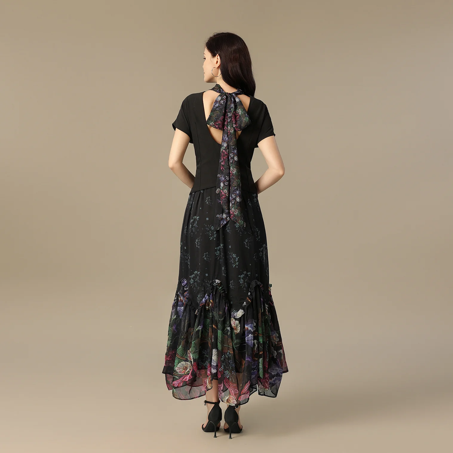 Black Maxi Crepe Dress with Floral Chiffon Skirt and Back Scarf - Image 5